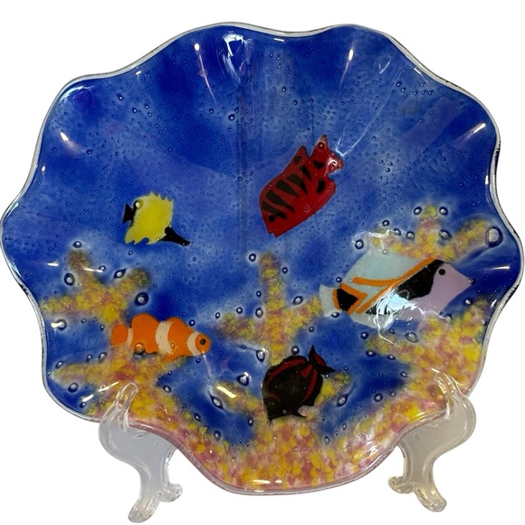 Maui Art Glass Fish Shell Plate Dish Accent Decor Collectible blue blown glass